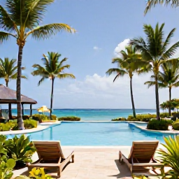 Caribbean Holidays, Grenada February Holidays, Elegant all-inclusive resort in Grenada with a palm-fringed pool, sun loungers, tropical gardens and the Caribbean Sea beyond