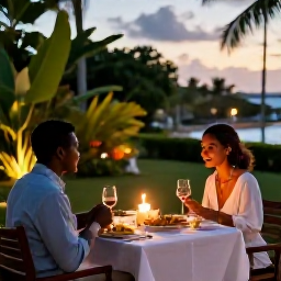 Caribbean Holidays, Grenada February Holidays, Elegant outdoor dinner for two at an adults-only Grenada resort, with Caribbean dishes, candlelight, tropical plants and evening sky
