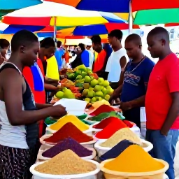 Caribbean Holidays, Grenada February Holidays, Friendly Grenadian market scene with colourful spices, tropical fruit and visitors exploring local stalls