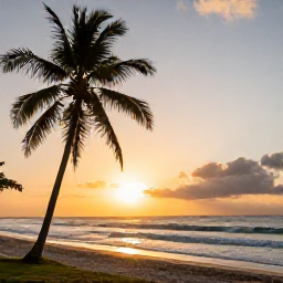 Caribbean Holidays, Grenada February Holidays, Golden sunset over a quiet Grenada beach with palm silhouettes, gentle waves and warm evening light