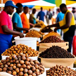 Caribbean Holidays, Grenada February Holidays, Grenadian spice market with piles of nutmeg, cinnamon and cloves, local vendors and visitors browsing in warm daylight