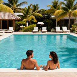 Caribbean Holidays, Grenada February Holidays, Happy adult couple relaxing beside a turquoise Grenada swimming pool with tropical gardens, sunshine and a peaceful luxury holiday atmosphere