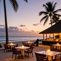 Caribbean Holidays, Grenada February Holidays, Relaxed evening at a Grenada beachfront resort with outdoor dining, warm lights, palm trees and the Caribbean sunset