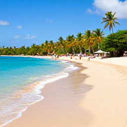 Caribbean Holidays, Grenada February Holidays, Sunny Grand Anse Beach in Grenada with turquoise water, golden sand, palm trees and relaxed holidaymakers