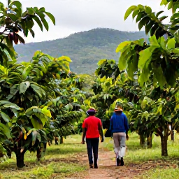 Caribbean Holidays, Grenada February Holidays, Visitors walking through a lush Grenadian spice plantation with cocoa pods, tropical plants and distant green hills