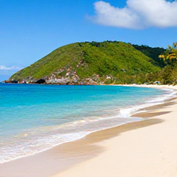 Caribbean Holidays, Grenada February Tours, Bright Caribbean coastline in Grenada with turquoise water, a quiet sandy beach and green hills under warm February sunshine