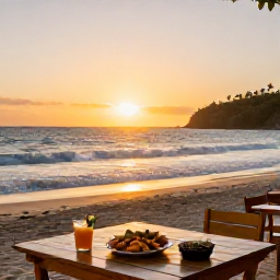Caribbean Holidays, Grenada February Tours, Relaxed February evening at a Grenada beach restaurant, with local Caribbean food, gentle waves and golden sunset light