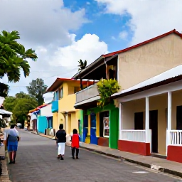 Caribbean Holidays, Grenada February, Visitors walking through the colourful streets of St George's, Grenada, beside historic buildings, local shops and tropical plants