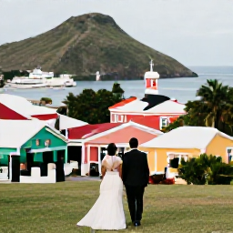 Caribbean Holidays, Grenada February Weddings, Bride and groom exploring St George's Grenada with colourful buildings, harbour and hills in the background