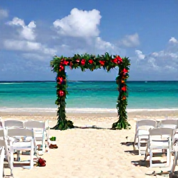 Caribbean Holidays, Grenada February Weddings, Elegant beach wedding ceremony in Grenada with white chairs, tropical flowers and turquoise sea
