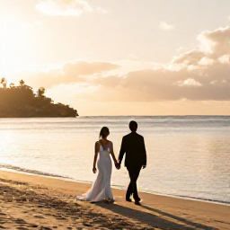 Caribbean Holidays, Grenada February Weddings, Newlyweds walking beside a calm Caribbean beach in Grenada at golden hour