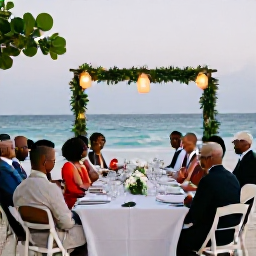 Caribbean Holidays, Grenada February Weddings, Wedding reception dinner on a Grenadian beach with lanterns, tropical greenery and guests celebrating