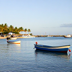 Caribbean Holidays, Grenada Fishing, A bright February morning at a small Grenada fishing harbour, colourful boats on calm blue water and palm trees along the shore