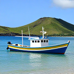 Caribbean Holidays, Grenada Fishing, A colourful fishing boat on calm turquoise water off Grenada, with green volcanic hills and a clear Caribbean sky