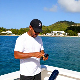 Caribbean Holidays, Grenada Fishing, A friendly Grenada fishing guide preparing tackle on a charter boat, with a sunny Caribbean harbour in the background