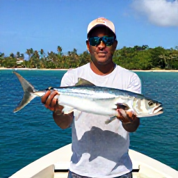 Caribbean Holidays, Grenada Fishing, A friendly local fishing guide showing a catch to visitors on a Grenadian boat, with tropical coastline in the background