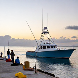 Caribbean Holidays, Grenada Fishing, A modern sport fishing boat leaving a small Grenadian harbour at sunrise, with anglers preparing rods and tackle