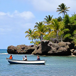 Caribbean Holidays, Grenada Fishing, Anglers fishing from a small boat near Grenada&rsquo;s rugged coastline, with calm blue water and lush tropical scenery