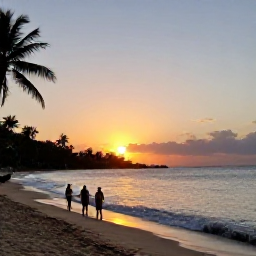 Caribbean Holidays, Grenada Holidays, A couple enjoying a peaceful sunset on a Grenada beach, with gentle waves, palm silhouettes and warm evening light