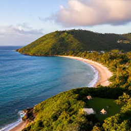 Caribbean Holidays, Grenada Holidays, Aerial view of Grenada's green coastline, turquoise Caribbean sea and sandy beaches in warm morning light