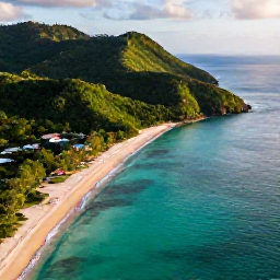 Caribbean Holidays, Grenada Holidays, Aerial view of Grenada's lush green coastline, turquoise Caribbean water and sandy beaches in warm morning light