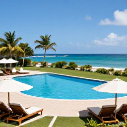 Caribbean Holidays, Grenada Holidays, An inviting all-inclusive resort in Grenada with a swimming pool, sun loungers, tropical gardens and the Caribbean Sea in the background