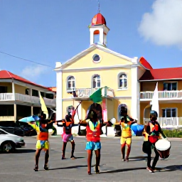 Caribbean Holidays, Grenada Holidays August, A colourful August carnival celebration in St George's, Grenada, with dancers in bright costumes, drums, flags and historic Caribbean buildings