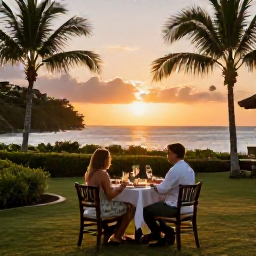 Caribbean Holidays, Grenada Holidays August, A couple enjoying a sunset dinner at an all-inclusive resort in Grenada, with tropical gardens, warm evening light and the Caribbean sea beyond