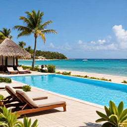 Caribbean Holidays, Grenada Holidays August, A modern all-inclusive resort in Grenada overlooking a tropical beach, with a swimming pool, sun loungers, palm trees and Caribbean sea views
