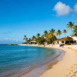 Caribbean Holidays, Grenada Holidays August, A relaxed beach scene at Grand Anse Beach, Grenada, with calm turquoise water, golden sand, palm trees and a few all-inclusive resort guests