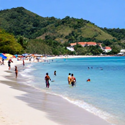 Caribbean Holidays, Grenada Holidays August, Visitors swimming and relaxing at Grand Anse Beach in Grenada, with clear blue water, colourful umbrellas and lush hills in the background