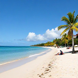 Caribbean Holidays, Grenada Holidays, Grand Anse Beach in Grenada with calm turquoise sea, pale sand, palm trees and visitors relaxing in the sunshine