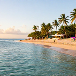 Caribbean Holidays, Grenada Holidays, Grand Anse Beach in Grenada with calm turquoise water, golden sand, palm trees and visitors enjoying an April afternoon