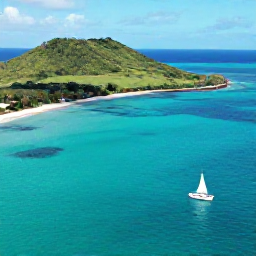 Caribbean Holidays, Grenada Holidays January, Aerial view of Grenada's green coastline, turquoise Caribbean water and a small sailing boat in bright January sunshine