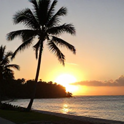 Caribbean Holidays, Grenada Holidays January, Sunset over Grenada's coastline with palm trees, calm sea and warm golden evening light