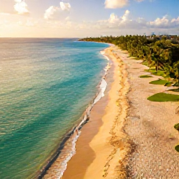 Caribbean Holidays, Grenada Holidays July, Aerial view of Grenada's Grand Anse Beach with turquoise water, golden sand and palm trees in warm July sunshine