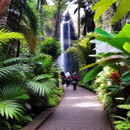 Caribbean Holidays, Grenada Holidays July, Lush rainforest path leading to a waterfall in Grenada, with tropical plants and visitors exploring in July