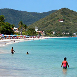 Caribbean Holidays, Grenada Holidays July, Visitors swimming and relaxing in the clear turquoise water at Grand Anse Beach, Grenada, with colourful umbrellas and lush hills in the background