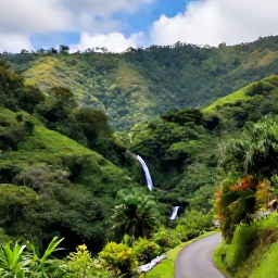Caribbean Holidays, Grenada Holidays May, A scenic Grenada island landscape with rainforest-covered hills, a winding road and a small waterfall surrounded by tropical plants