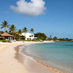 Caribbean Holidays, Grenada Holidays May, A sunny Caribbean beach in Grenada with calm turquoise water, palm trees and a relaxed all-inclusive resort atmosphere