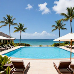 Caribbean Holidays, Grenada Holidays May, An inviting all-inclusive resort in Grenada with a swimming pool, sun loungers, tropical gardens and views towards the Caribbean Sea