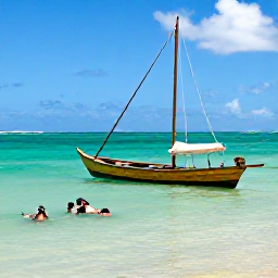 Caribbean Holidays, Grenada Holidays, Traditional wooden boat sailing along Grenada's green coastline on a clear April day, with snorkellers exploring a calm bay