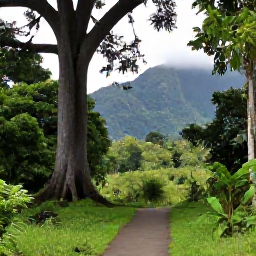 Caribbean Holidays, Grenada Holidays, Tropical rainforest in Grand Etang National Park, Grenada, with a clear trail, giant trees and misty green mountains