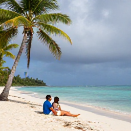 Caribbean Holidays, Grenada Honeymoon June, A newlywed couple relaxing on a quiet Caribbean beach in Grenada, palm trees, clear water and a light tropical shower in the distance