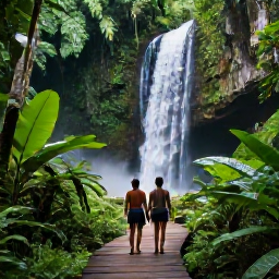 Caribbean Holidays, Grenada Honeymoon June, Couple exploring a lush Grenadian rainforest near Annandale Waterfall, tropical plants, flowing water and a wooden footpath