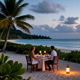Caribbean Holidays, Grenada Honeymoon June, Romantic dinner for two on a Grenada beach at dusk, lanterns, tropical greenery and the sea beyond