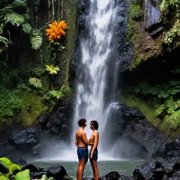 Caribbean Holidays, Grenada Honeymoons, A couple exploring a lush Grenada rainforest beside a waterfall with tropical plants and volcanic rocks