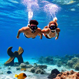 Caribbean Holidays, Grenada Honeymoons, A couple snorkelling above Grenada&rsquo;s clear Caribbean reef, with colourful fish and the famous underwater sculptures visible below