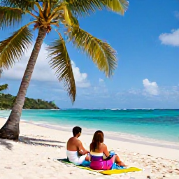 Caribbean Holidays, Grenada Honeymoons, A happy newlywed couple relaxing on a tropical Grenada beach with turquoise sea and palm trees