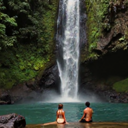 Caribbean Holidays, Grenada Honeymoons, A honeymoon couple exploring a lush Grenada rainforest beside a waterfall, tropical plants, clear pool and gentle daylight